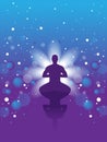 Vector banner with meditation man on abstract violet background with stars and spheres Yoga in the universe. Man in the lotus posi Royalty Free Stock Photo